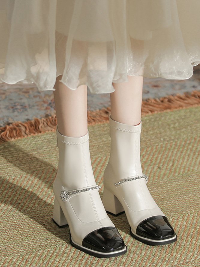 Elegant Rhinestone Color Block Block Heel Microfiber Leather Dress Boots