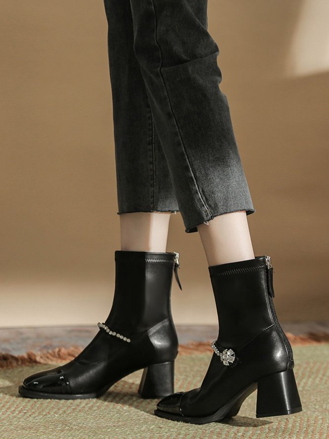 Elegant Rhinestone Color Block Block Heel Microfiber Leather Dress Boots