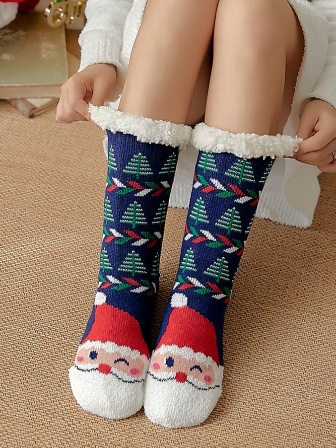 Cartoon Christmas Snowman Thicken Warm Lined Household Floor Socks