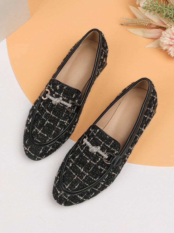 Elegant Rhinestone Tweed Plaid Loafers