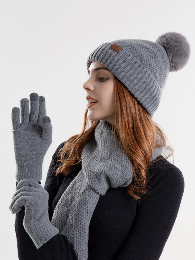 Three-piece Set Fuzzy Ball Beanie Hat Rhombus Scarf Knitted Five Finger Gloves