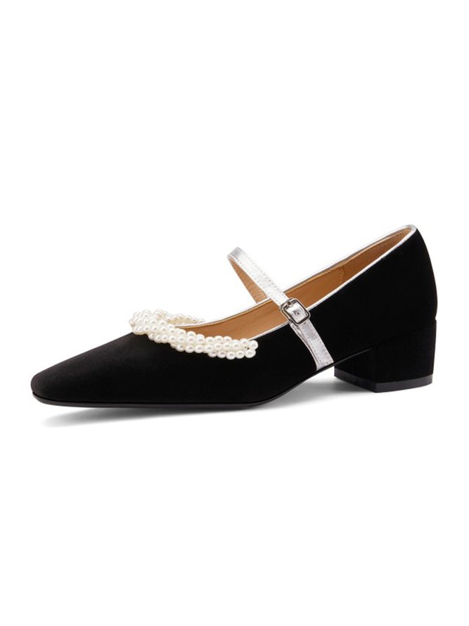 Elegant Imitation Pearl Decor Block Heel Mary Jane Shoes