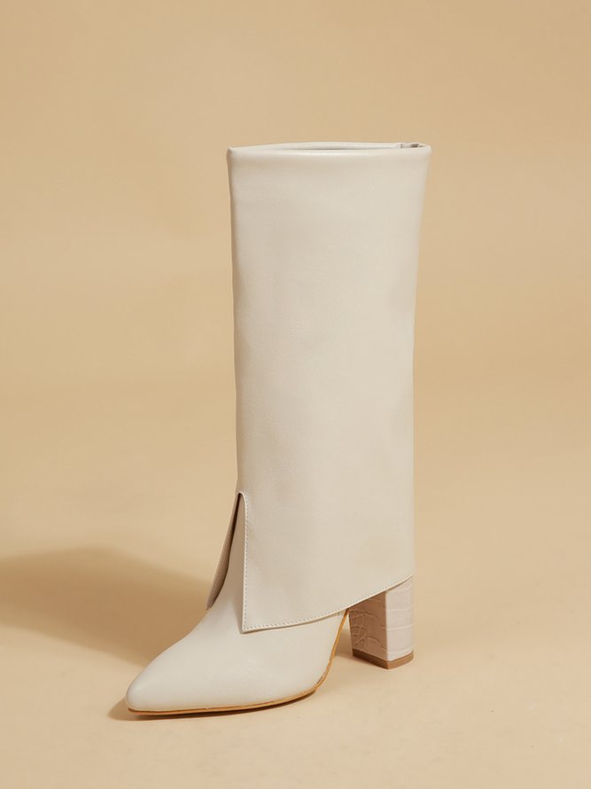 Minimalist Embossed Turn-Up Chunky Heel Mid-Calf Boots