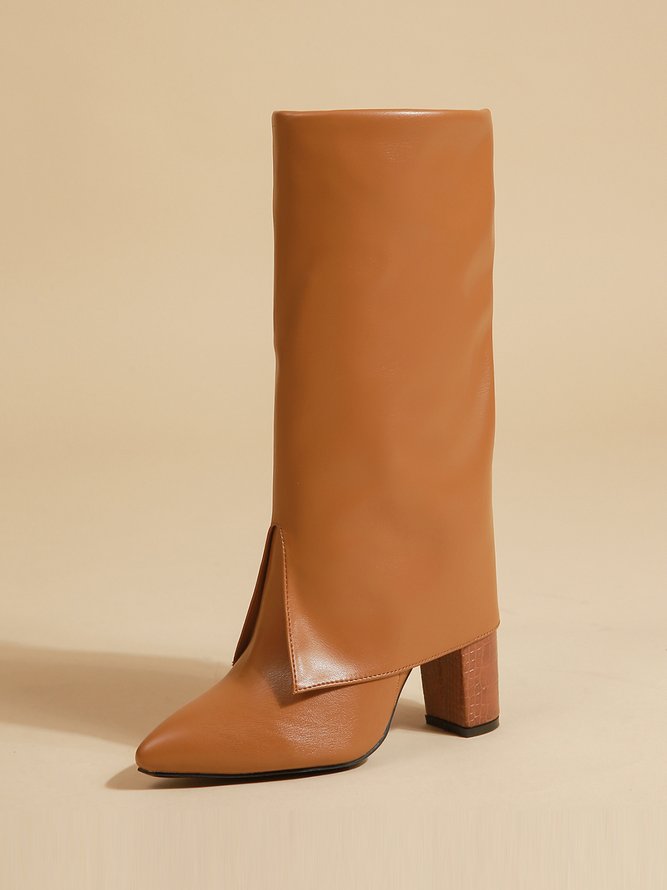 Minimalist Embossed Turn-Up Chunky Heel Mid-Calf Boots