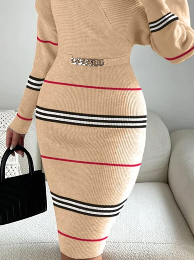 High Elasticity Elegant V Neck Long Sleeve Tight Striped Sweater Midi Dress