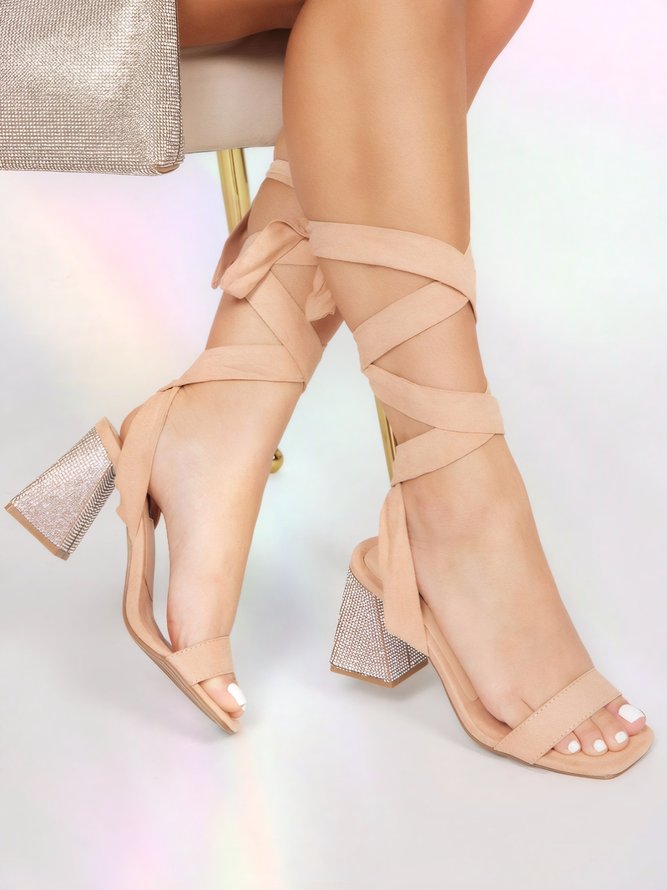 Women Plain Summer Elegant Rhinestone Open-Top Faux Suede Pu Ankle Strap Sandals Lace-Up Strappy Sandals-image-16239925