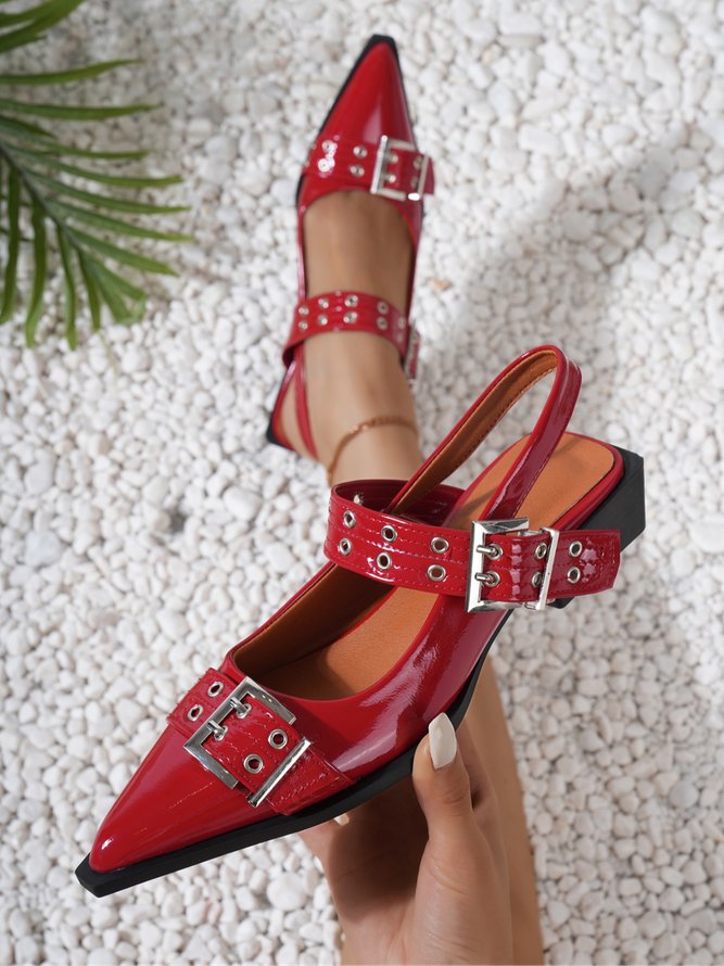 Women Plain Summer Urban Rivet Block Heel Pointed Toe PU Pu Height Increasing Sandals-image-16239933