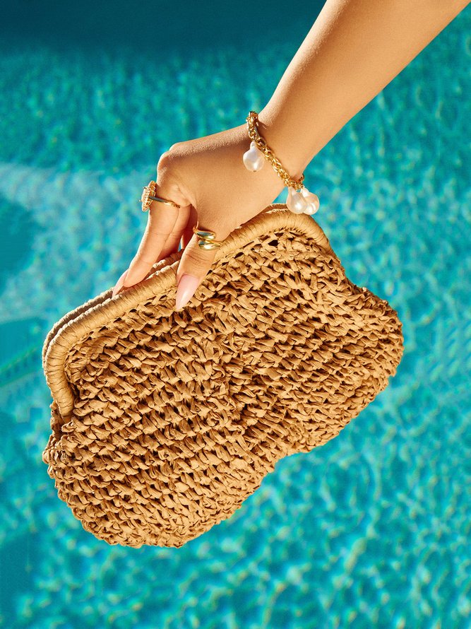Women Plain All Season Vacation Polyester Braided Vacation PINS Style Ruched Plastic Clutch Bags-image-16239957