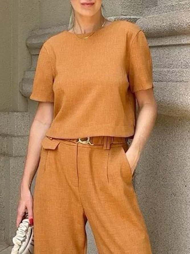 Women Plain Summer Urban Natural No Elasticity Pullover Crew Neck Regular Linen blend Shirts-image-16239624