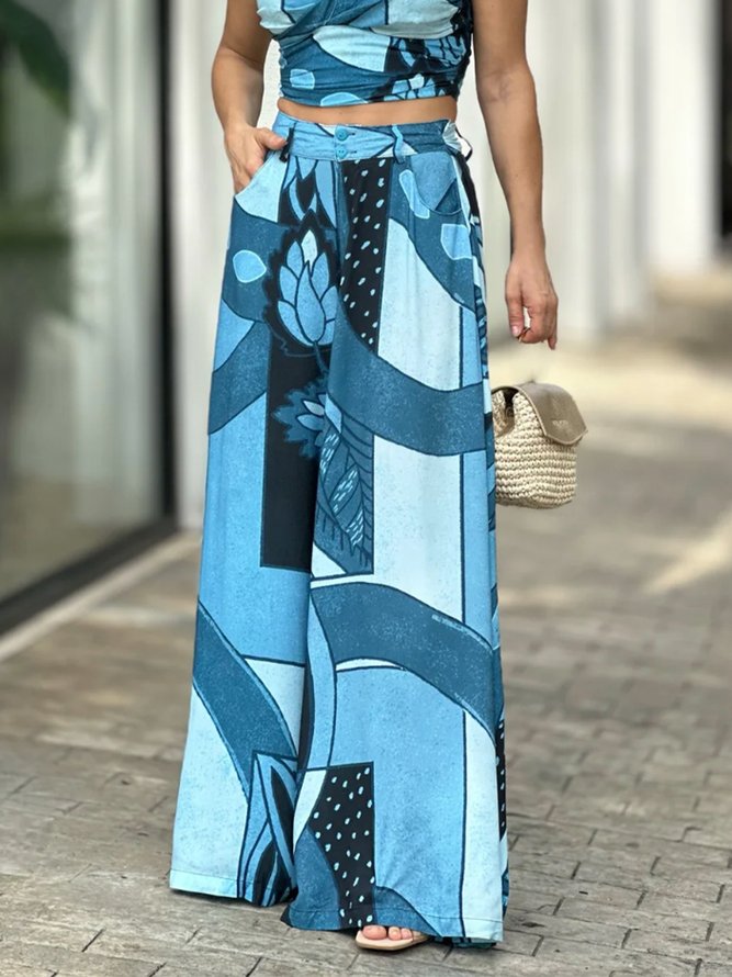 Women Casual Spring/Fall Random print Polyester No Elasticity Daily Regular Fit Wide leg pants Regular Pants-image-16239452