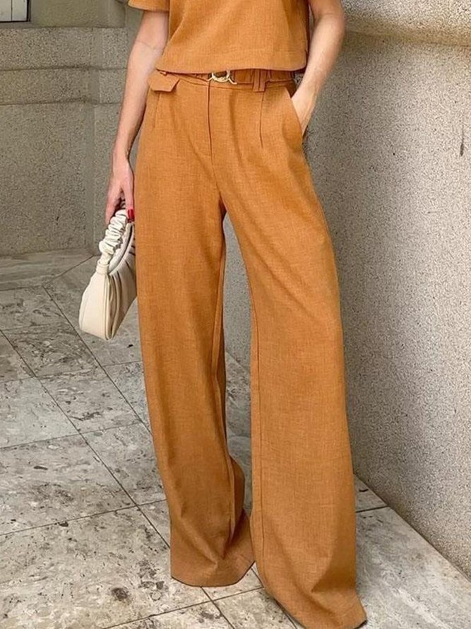 Women Plain Spring/Fall Urban Belt No Elasticity Daily Regular Fit H-Line Linen blend Fashion Pants-image-16239544