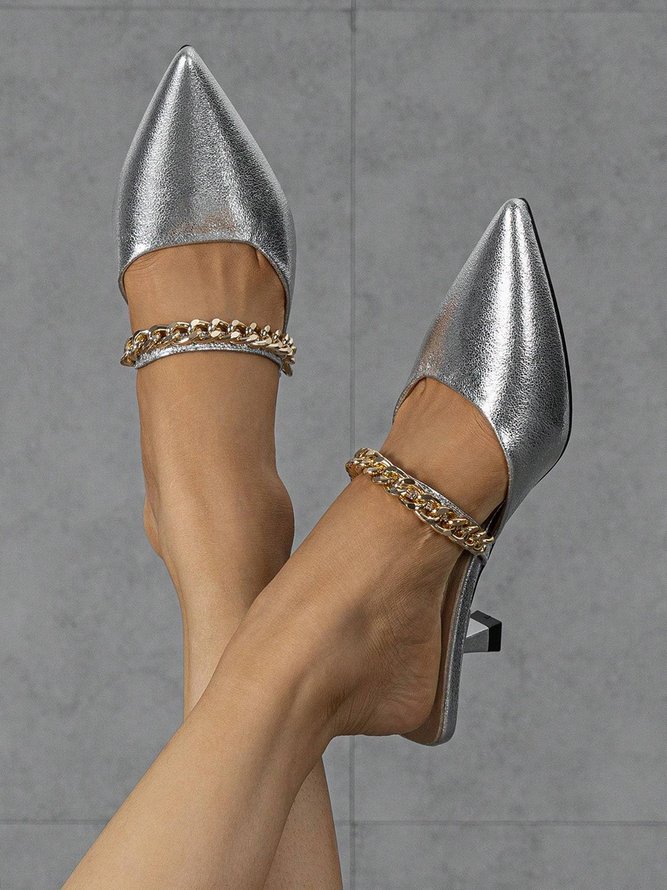 Women Plain All Season Urban Chain Block Heel PU Rubber Slip On Mules Flats-image-16239913