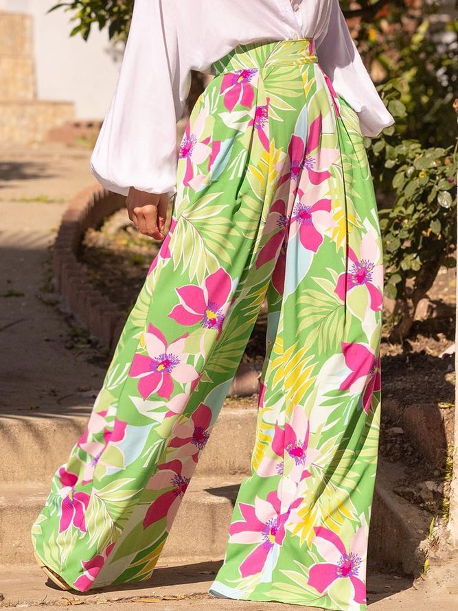 Women Floral Spring/Fall Vacation Polyester Regular Fit Long H-Line Regular Vacation Pants-image-16239464