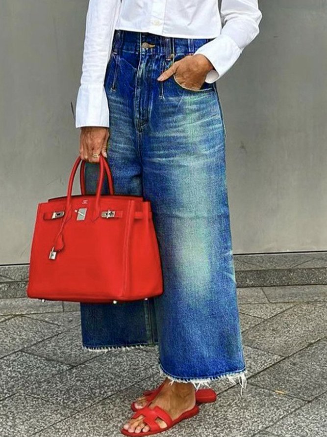 Women Casual Plain Spring/Fall High Waist Regular Fit Ankle Pants Wide leg pants H-Line Regular Jeans-image-16239639