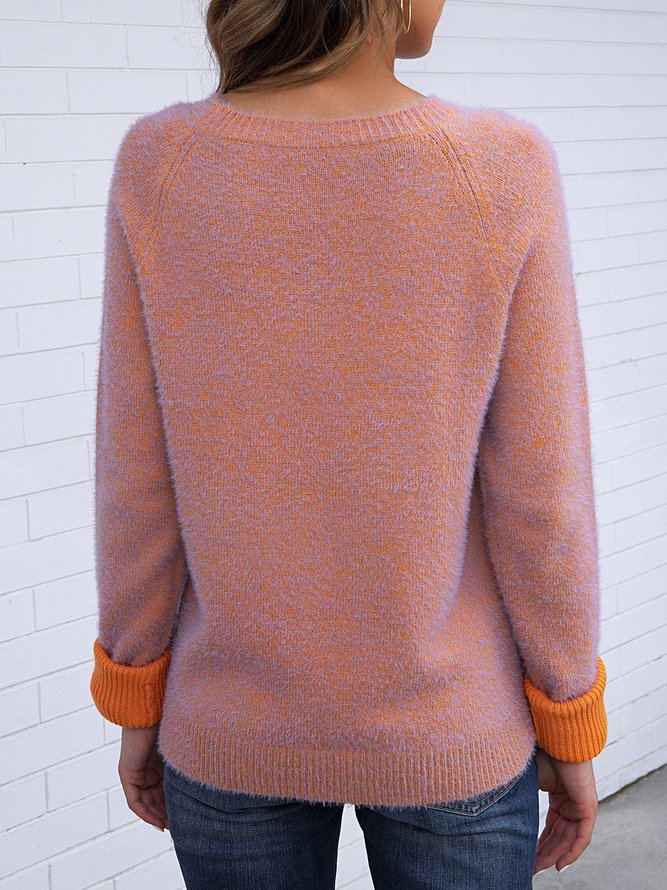 Orange Color-Block Casual Sweater