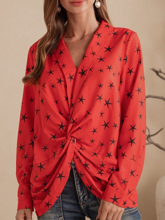 Red Casual Star Shift V Neck Top