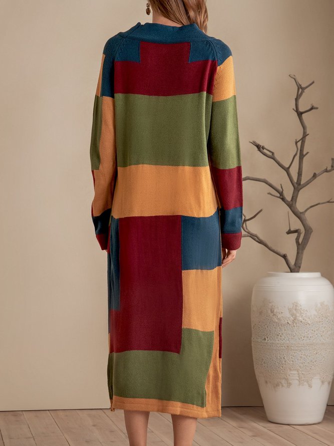 Yellow Shift Solid Pockets Color-Block Sweater Dress