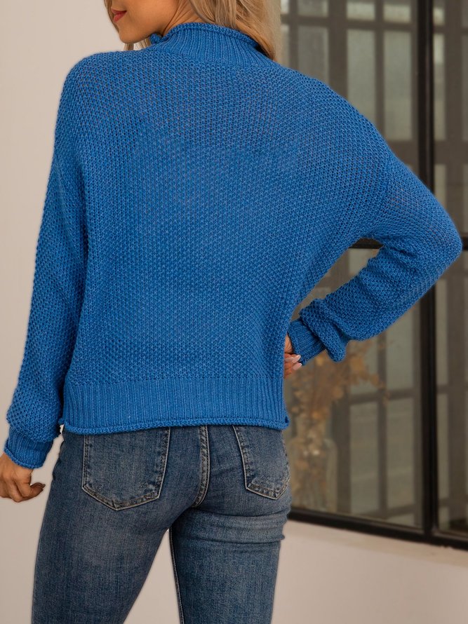 Blue Knitted Long Sleeve Solid Turtleneck Sweater