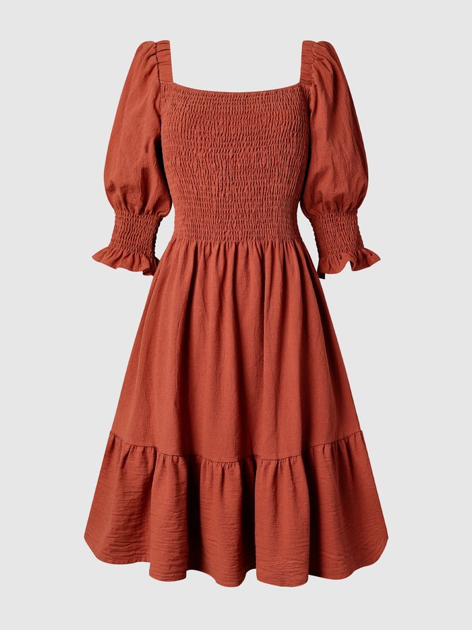 Cotton Square Neck Puff Sleeve Solid Dress