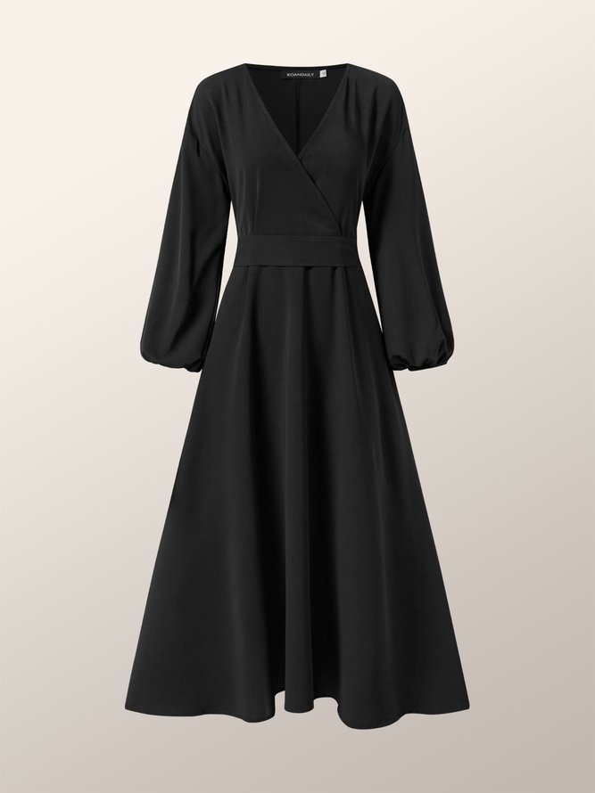 V Neck Elegant Solid Three Quarter Black Dress