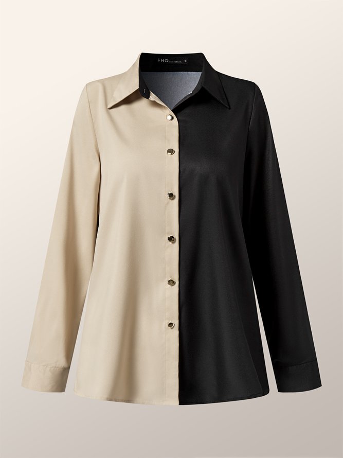 Shirt Collar Color-Block Long Sleeve Plain Blouse