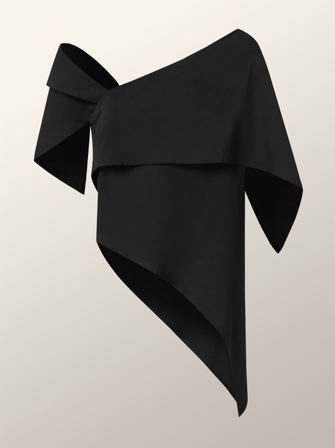 Elegant Solid Off The Shoulder Asymmetric Design Black Top