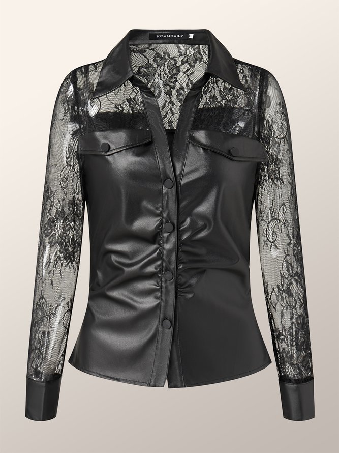 Solid Shirt Collar Pu leather Splicing  LaceTop