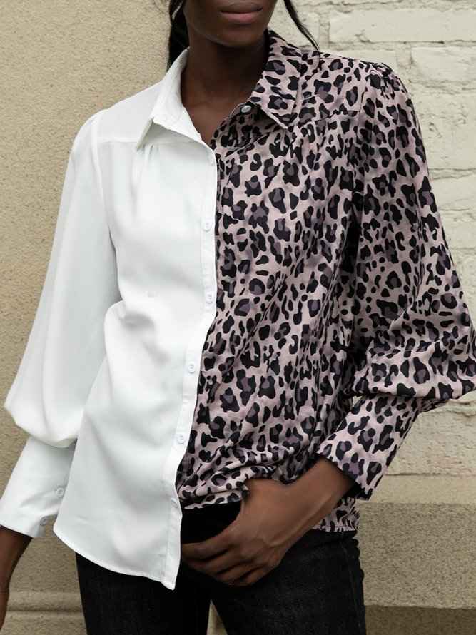 Shirt Collar Balloon Sleeve Leopard Top