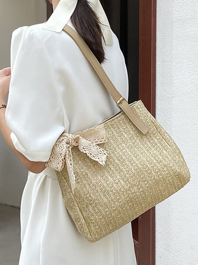 Straw Lace Bow Holiday Shoulder Tote