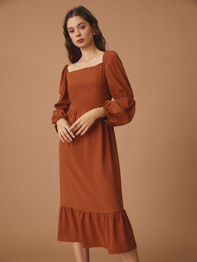 Square Neck  Puff  Sleeve Flouncing Dress