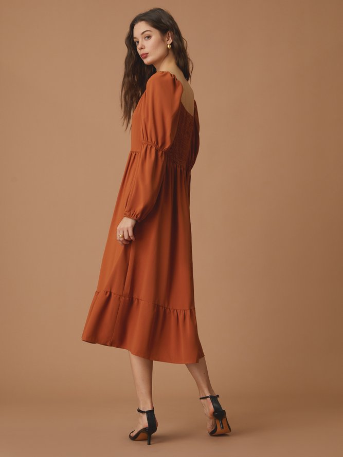 Square Neck  Puff  Sleeve Flouncing Dress