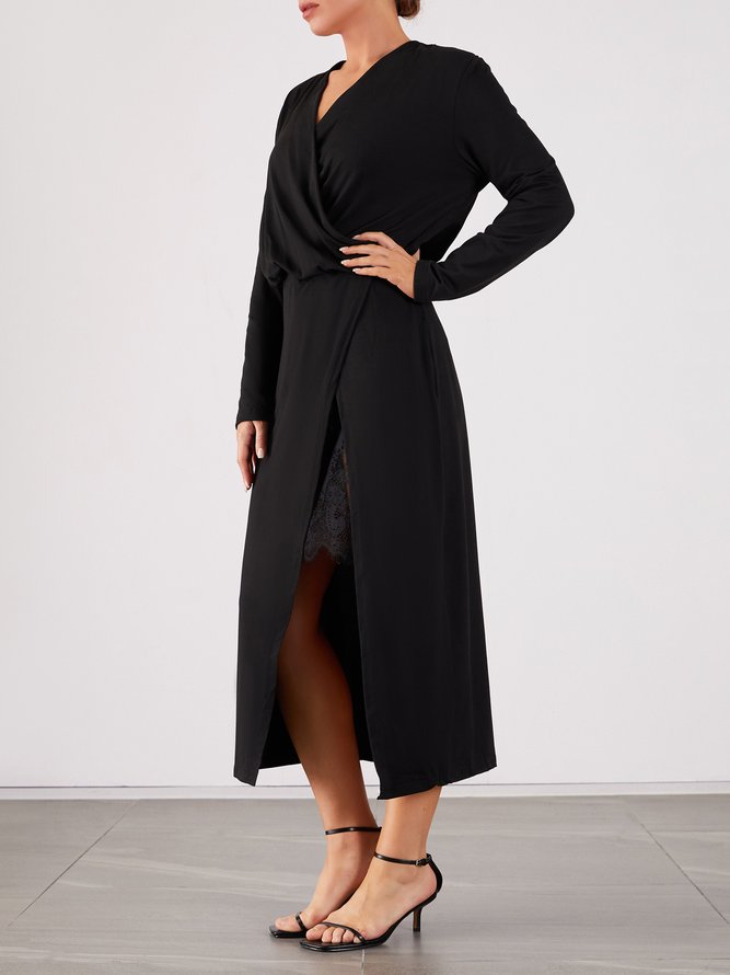 Lady Long Sleeve Solid Regular Fit Midi Dress