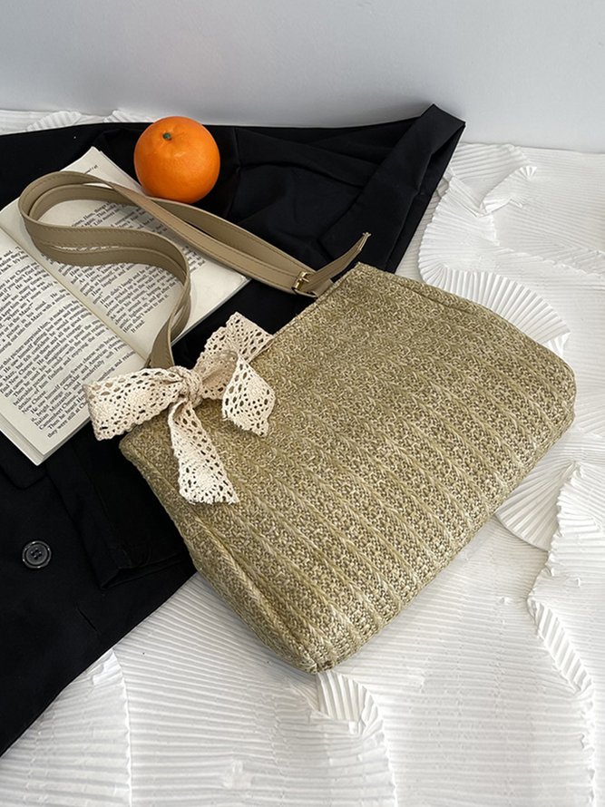 Straw Lace Bow Holiday Shoulder Tote