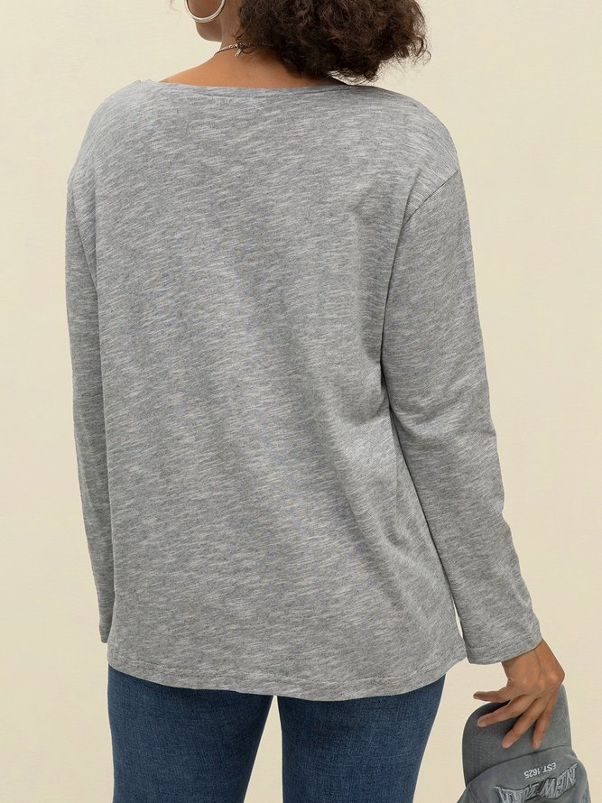 Gray Long Sleeve Casual Crew Neck Plain Shirt & Top