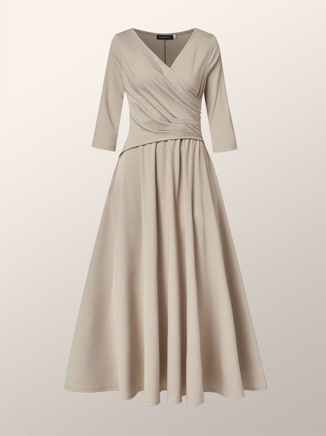 Elegant Three Quarter V Neck Solid Midi Dress