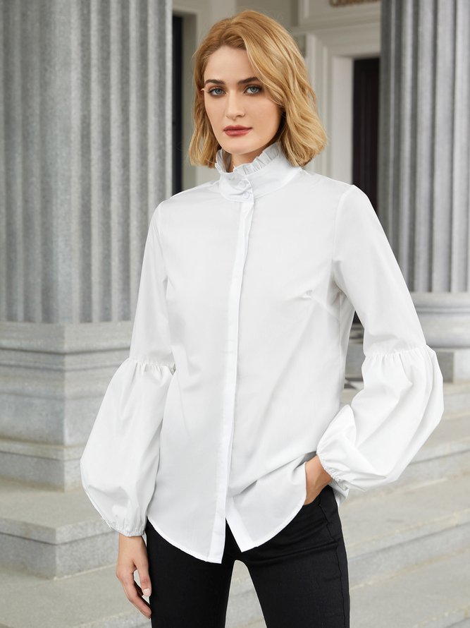Solid Bishop Sleeve Casual Ruched Long Sleeve Blouse