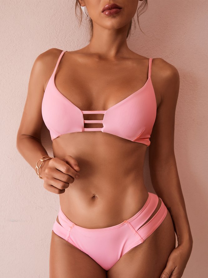 Solid Hollow Out Bikini Swimsuit