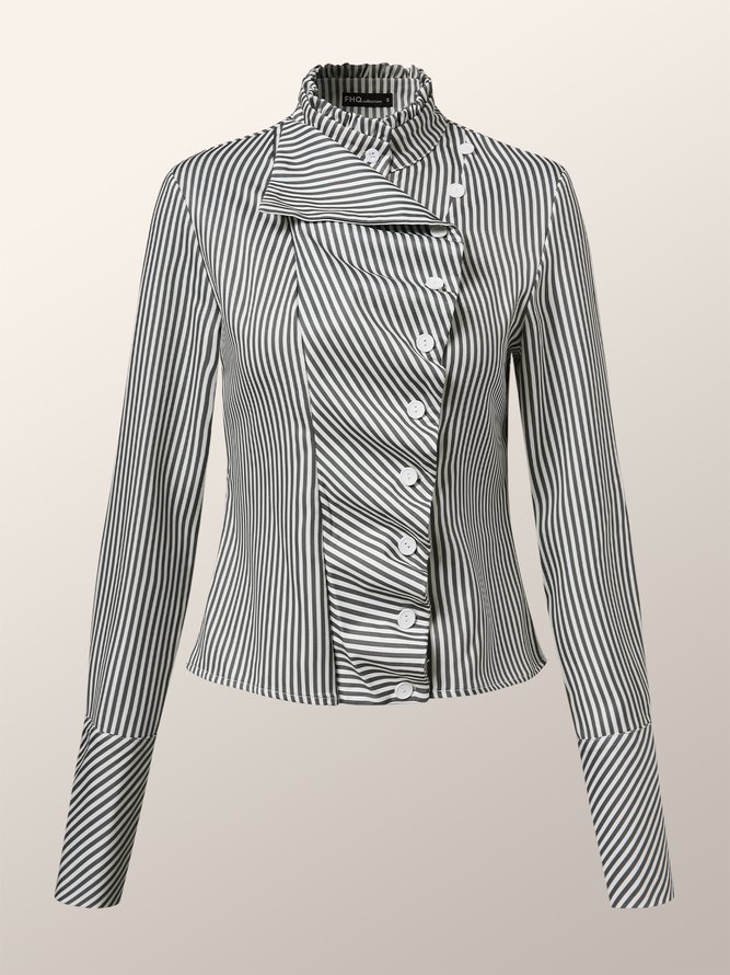 Stand Collar Stripes Long Sleeve Top