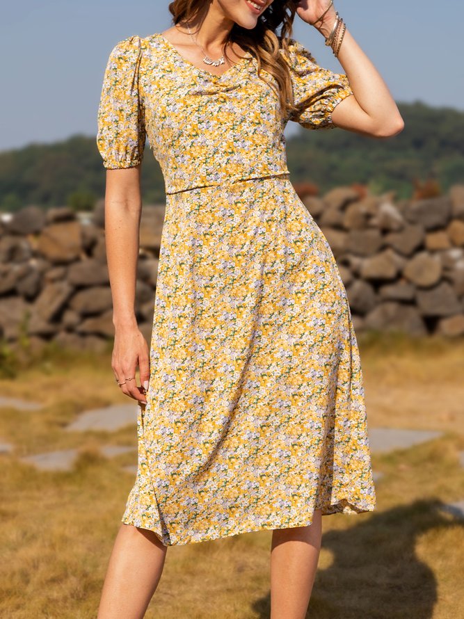 Cotton-Blend Floral Short Sleeve Shift Dress