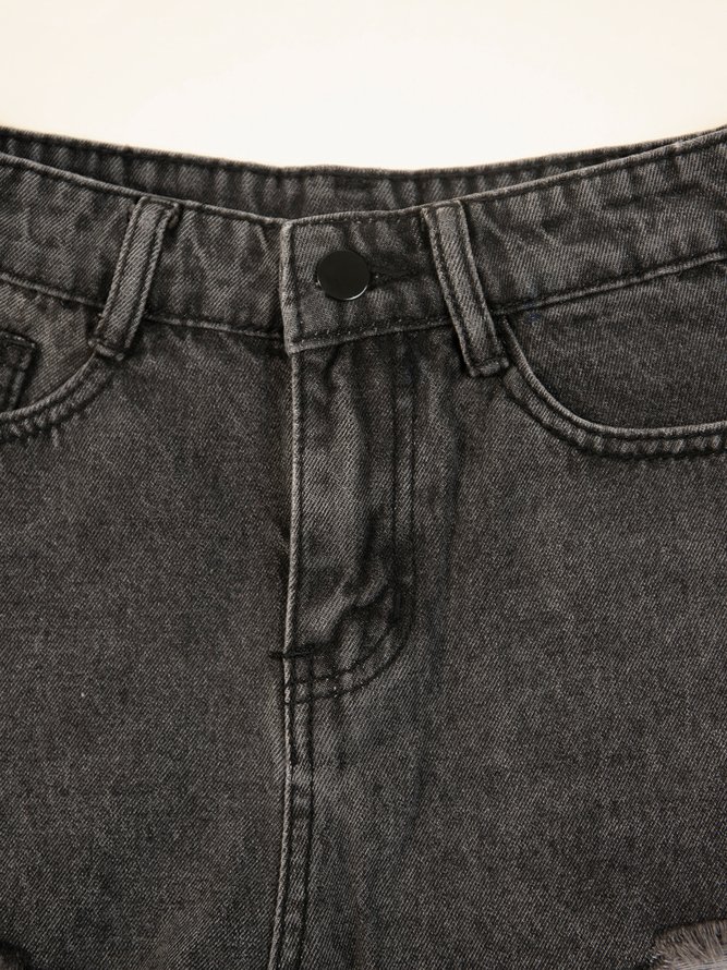 Denim Zipper Buttoned Pockets Plain Casual Sheath Pants