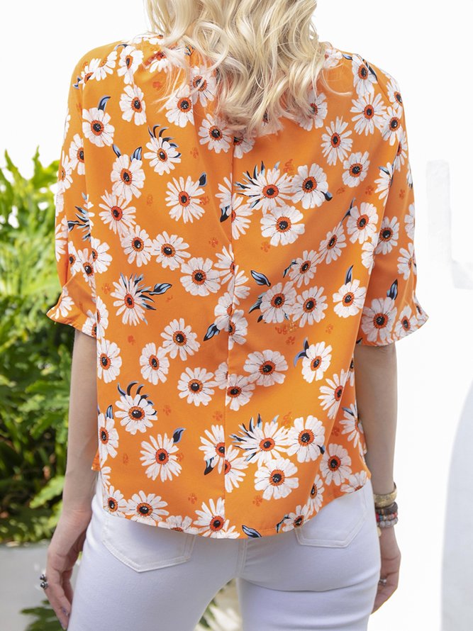 Yellow Holiday Crew Neck Floral Paneled Top