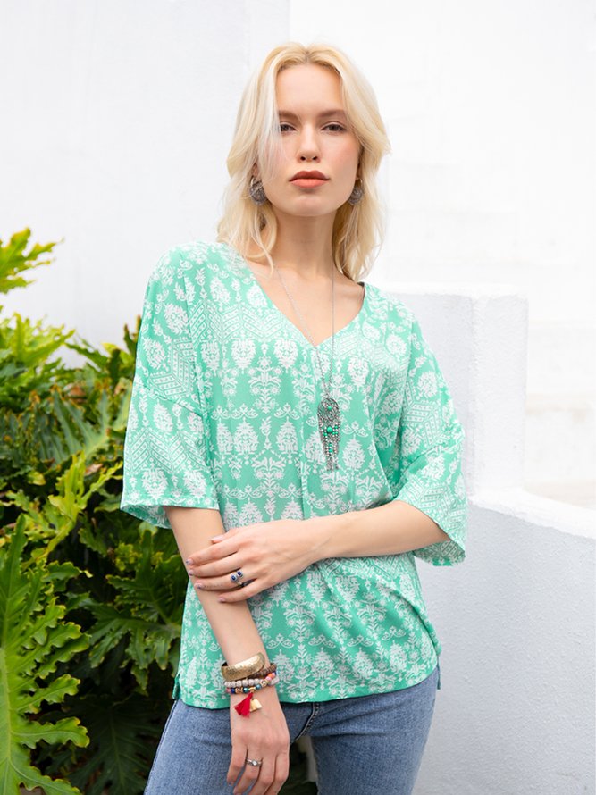 Blue Holiday Floral-Print Cotton-Blend Shirts & Top