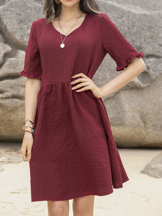 V Neck Short Sleeve Casual Cotton-Blend Weaving Dress