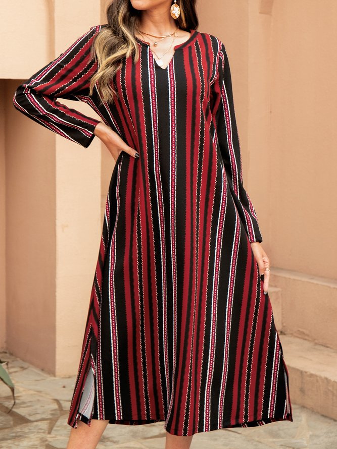 Brown Long Sleeve Paneled Striped Cotton-Blend Knitting Dress