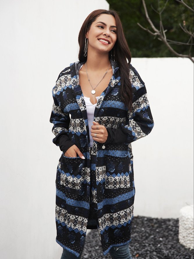 Blue Tribal Hoodie Long Sleeve Paneled Knit coat