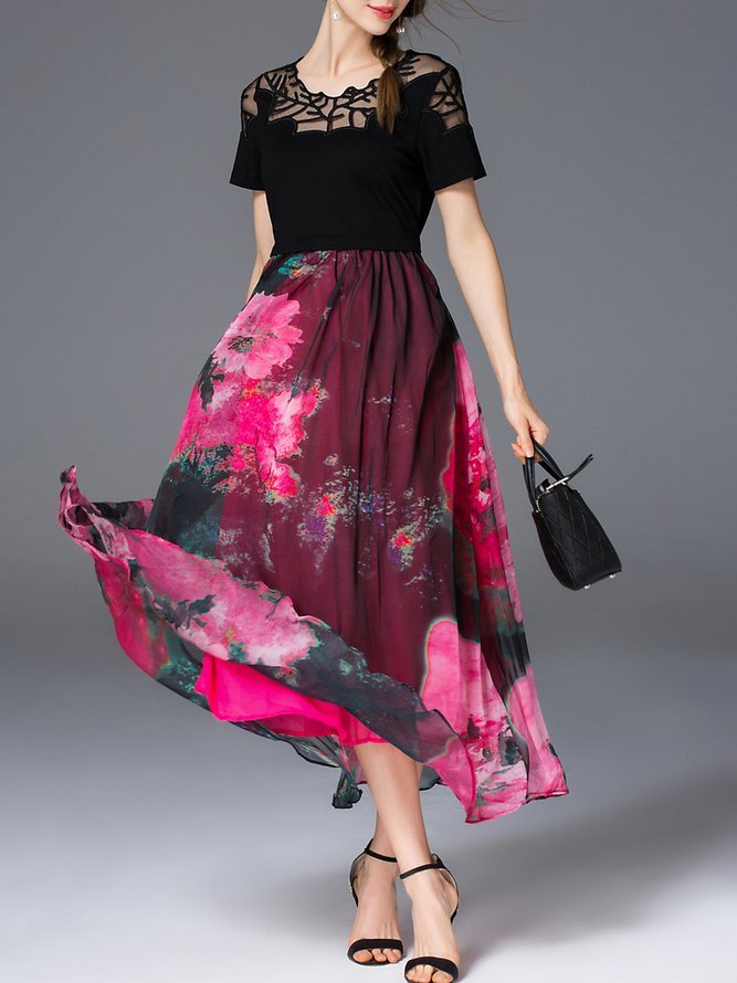 Red Crew Neck Floral Short Sleeve A-line Maxi Dress