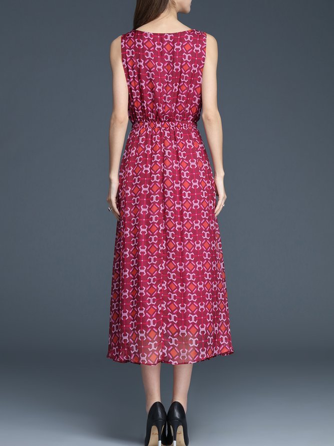 Red Casual Printed A-line Midi Dress
