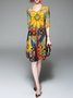 3/4 Sleeve V Neck H-line Printed Midi Dress