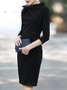 Stand Collar Black Sheath Work 3/4 Sleeve Elegant Solid Midi Dress