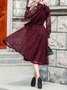 Wine Red Stand Collar Long Sleeve Crocheted Lace Midi Dress